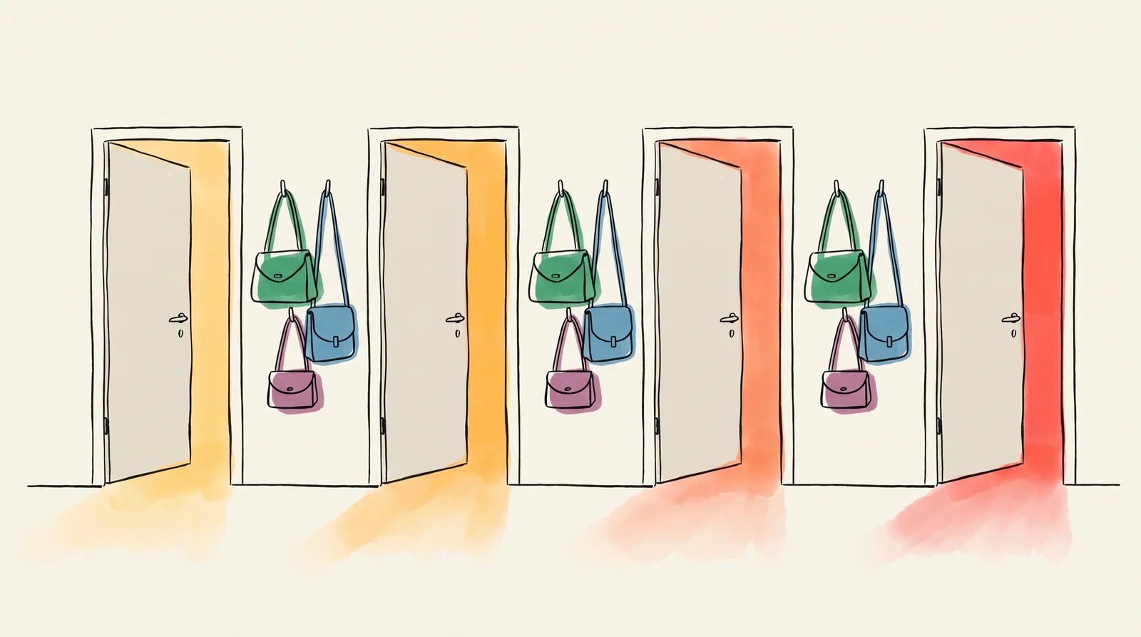 An ink drawing of four identical doors in a pale corridor, each ajar with yellow and red light spilling onto the floor, and small leather bags hanging on hooks between them.