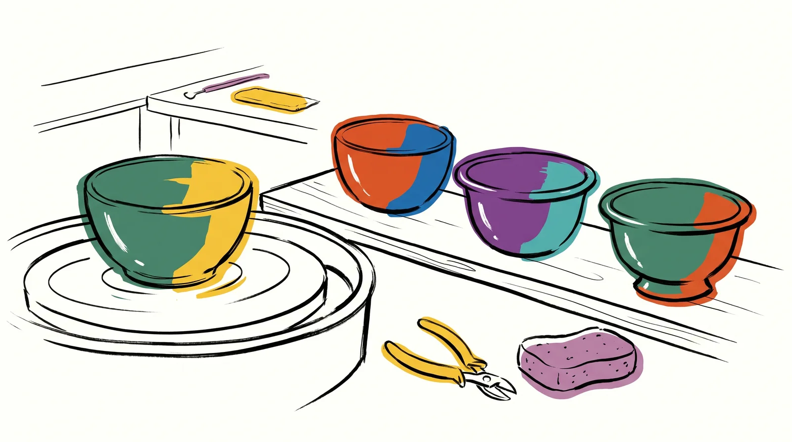 An ink drawing of a potter's wheel with a green bowl on it and three earlier versions of the same bowl in a row on a shelf, each slightly changed.