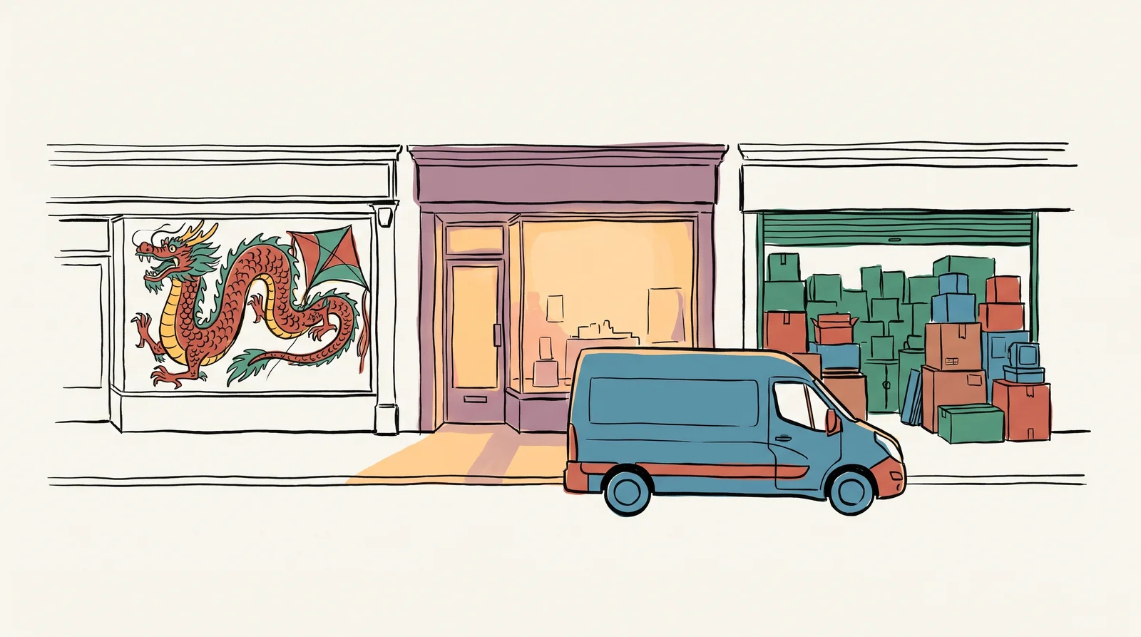 An ink drawing of three shopfronts in a row, one with a dragon kite in the window, one glowing softly and one full of boxes, with a single blue van parked in front.