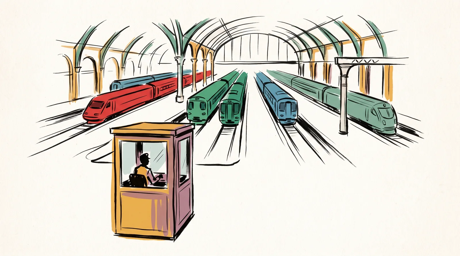 An ink drawing of a railway station hall with a yellow booth and a clerk in the foreground, and trains of different colours waiting at platforms beyond.