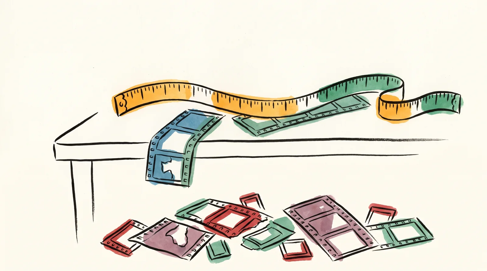 An ink drawing of a tailor's measuring tape lying along a strip of film on a table, with many cut-off film frames scattered on the floor below.