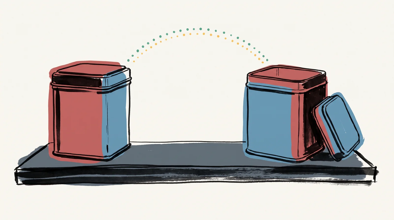 An ink drawing of two tea tins on a dark shelf, the first closed and the second open with its lid leaning against it, joined by a dotted arc.
