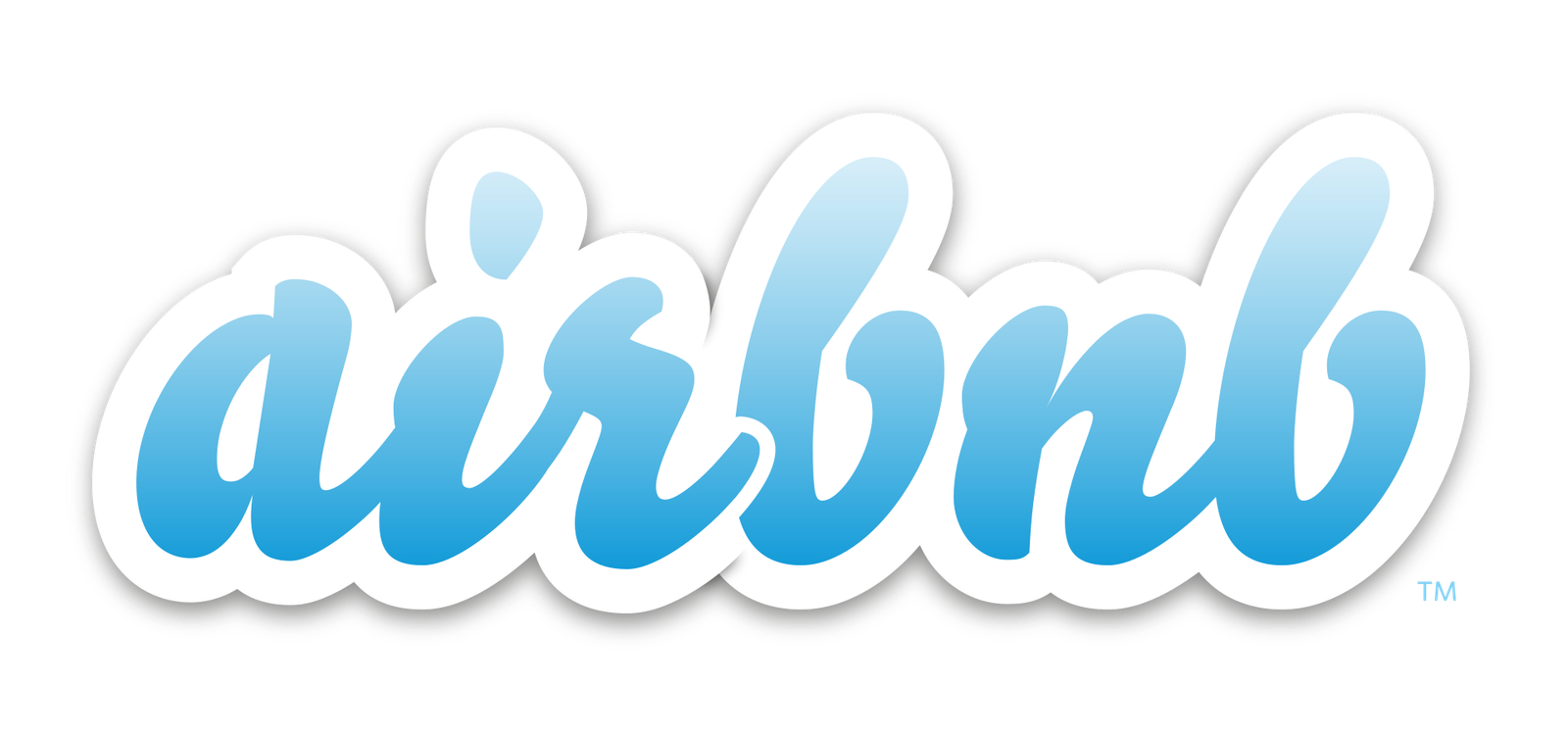 The earlier Airbnb logo: the word airbnb in rounded, bubbly lowercase script, filled with a sky-blue gradient and outlined in white, with a small TM mark at the lower right.