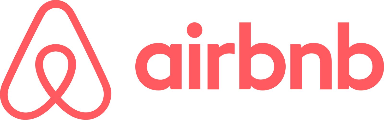 The Airbnb logo introduced in 2014: a single thick coral line drawn into a rounded, looping symbol that rises to a point at the top, beside the word airbnb in bold rounded lowercase in the same coral.