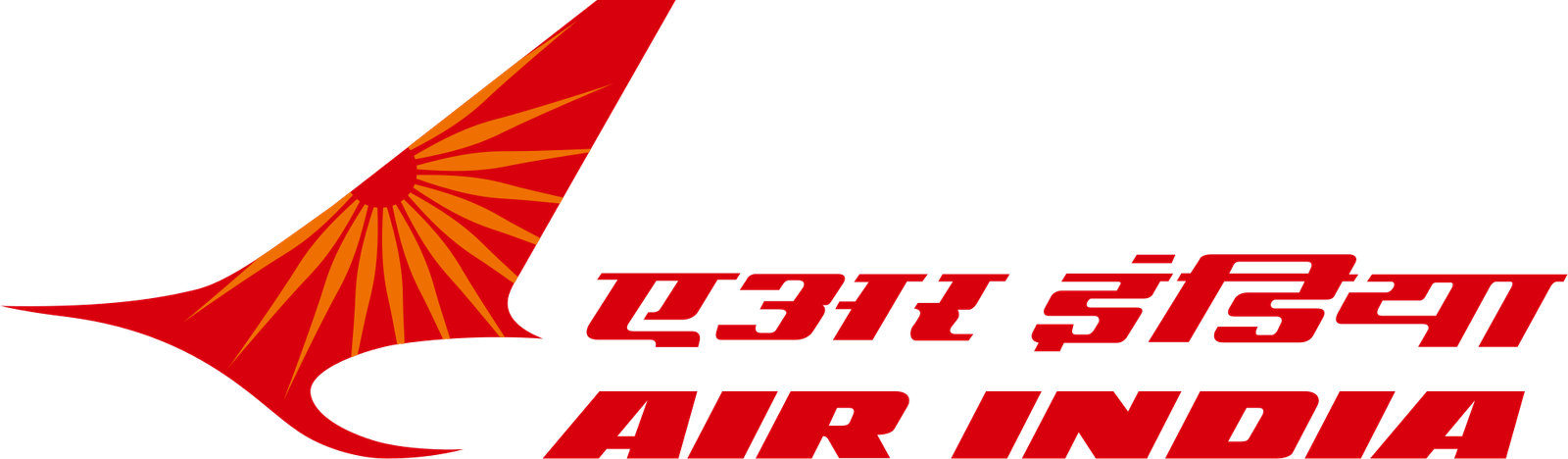 The Air India logo used from 2007 to 2023: a red flying-swan silhouette with an orange sun-wheel of spokes set inside it, beside the airline's name in Devanagari above bold italic Latin capitals reading AIR INDIA.