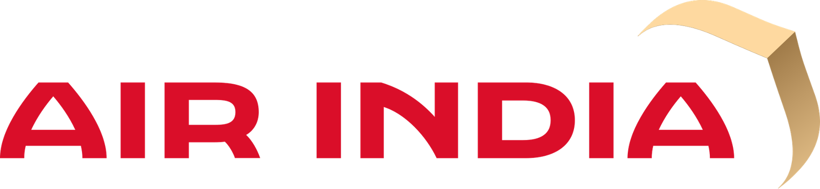 The Air India logo introduced in 2023: AIR INDIA in bold red capitals, with a gold window-shaped arc curving over and past the final letter.