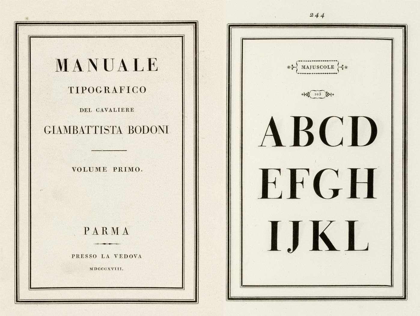 A two-page spread from Bodoni's specimen book. The left page is the title page, MANUALE TIPOGRAFICO set in widely spaced capitals inside a double rule. The right page, numbered 244, shows the capitals A to L at enormous size in a serif with hairline-thin horizontals and heavy vertical stems.