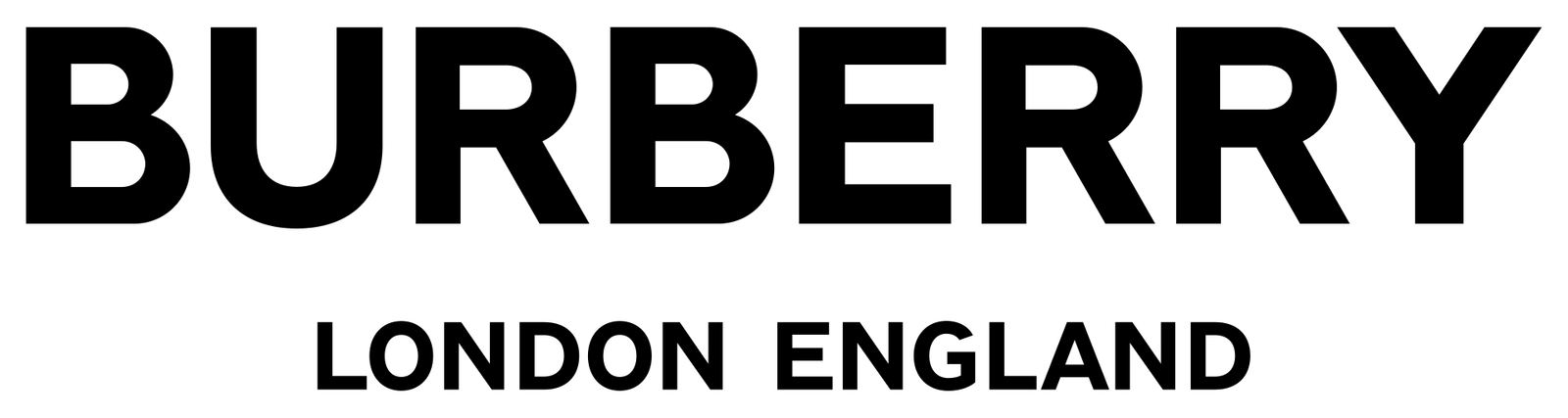 The Burberry wordmark introduced in 2018: BURBERRY in heavy black sans-serif capitals, with LONDON ENGLAND set much smaller and centred beneath it.
