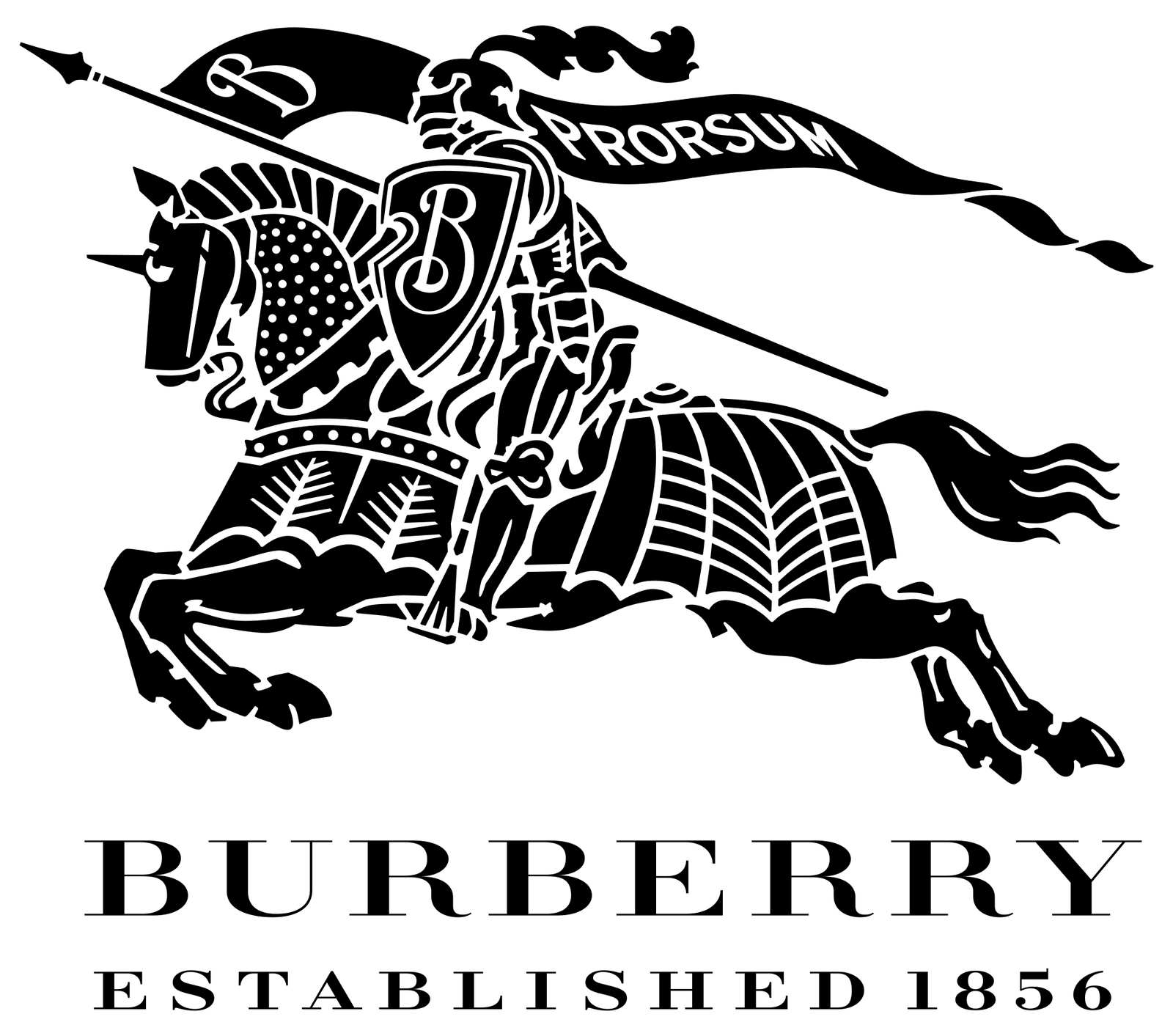 The Burberry Equestrian Knight device: a knight in armour on a galloping horse, carrying a lance and a pennant lettered PRORSUM, drawn entirely in solid black line, above BURBERRY in widely spaced serif capitals and the words ESTABLISHED 1856.