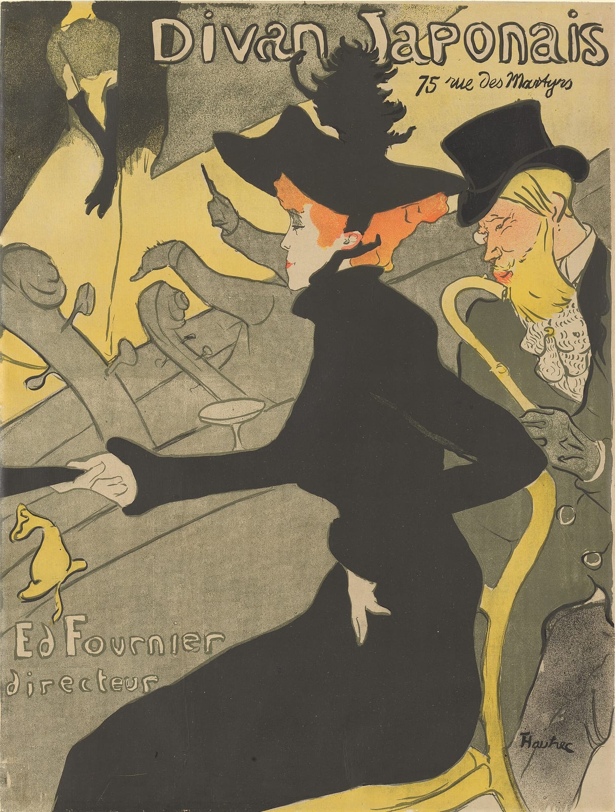 A colour lithograph poster. A woman in a black dress and wide hat sits in the foreground in near-silhouette; behind her a man in a top hat with a yellow face and red beard leans towards her; on the stage beyond, a singer in long black gloves is cut off above the shoulders by the edge of the picture. Hand-lettered text reads Divan Japonais, 75 rue des Martyrs, and Ed Fournier directeur.