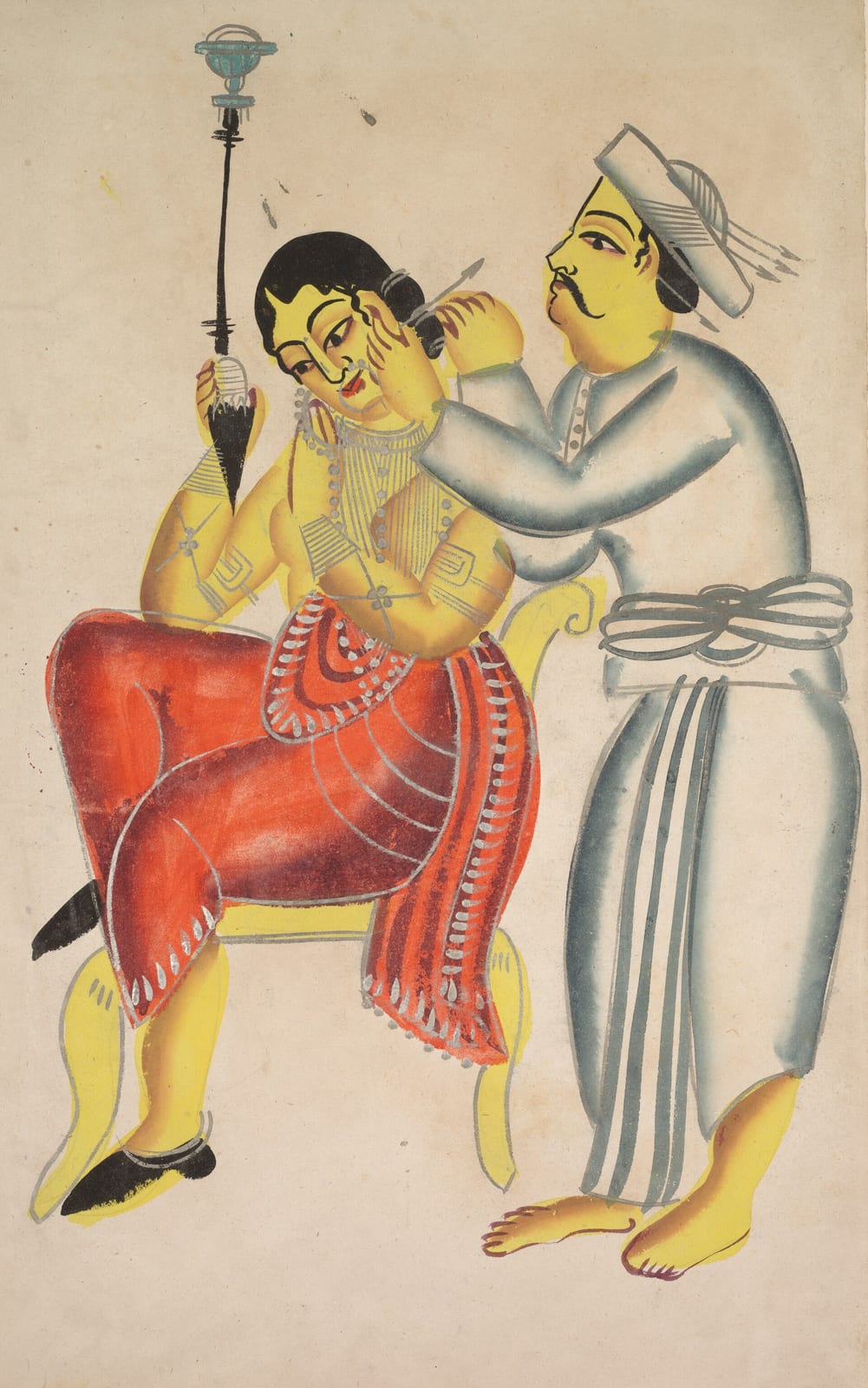A woman in a red sari sits on a yellow chair holding a small mirror while a barber in a striped white dhoti and cap leans in to clean her ear. Both figures are painted in flat yellow with grey shading and long swept outlines, and the paper around them is left completely bare.