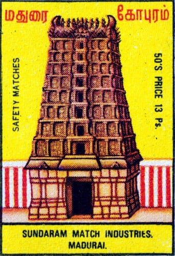 A matchbox label on a yellow ground: a Madurai temple gopuram drawn in brown and gold with red and white striped walls at its base, named in Tamil across the top, safety matches and fifty's price 13 Ps running vertically up either side, and SUNDARAM MATCH INDUSTRIES, MADURAI along the bottom.
