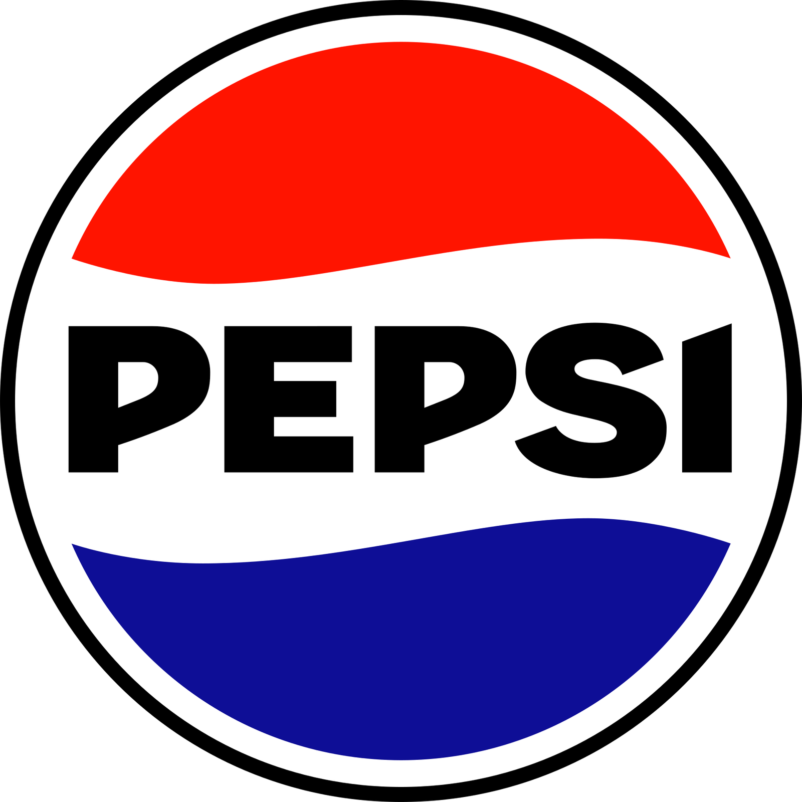 The Pepsi logo introduced in 2023: a circle outlined in black with a red band above and an electric blue band below, and PEPSI set across the white centre in heavy black capitals.