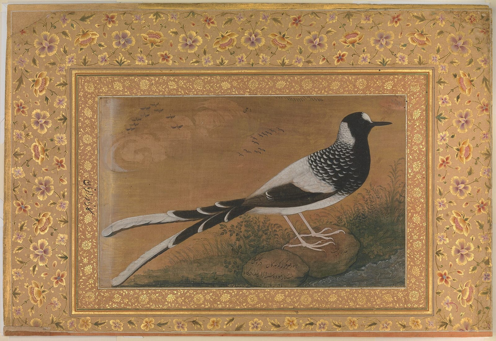 A black and white long-tailed bird stands on a rock at the water's edge against a plain gold-brown sky, with a scatter of small birds in the far distance. The painting is set into a wide gold-flecked border of pink, orange and violet flowers, with lines of Persian script in the margins.