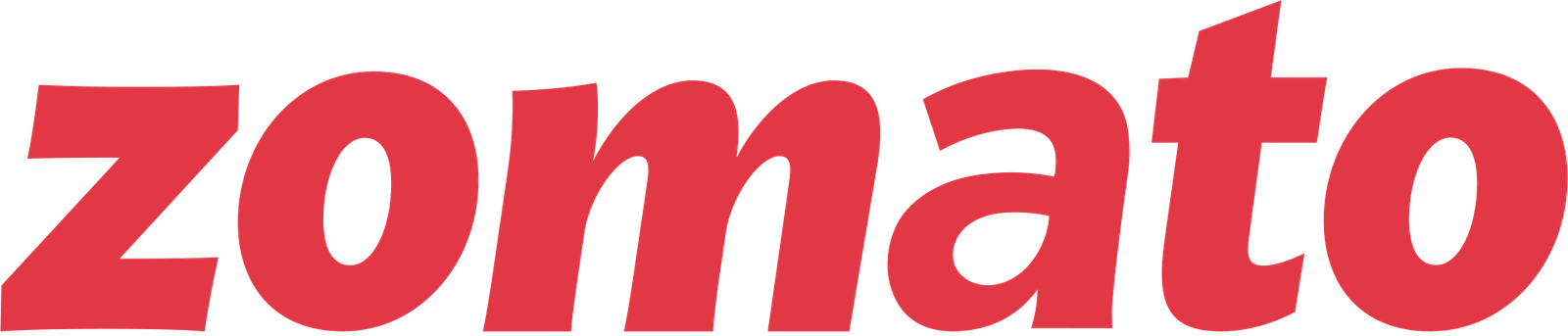 The Zomato logo as used from 2018: the word zomato in heavy red lowercase letters, sloped forward, with flat cut terminals and slightly irregular edges.